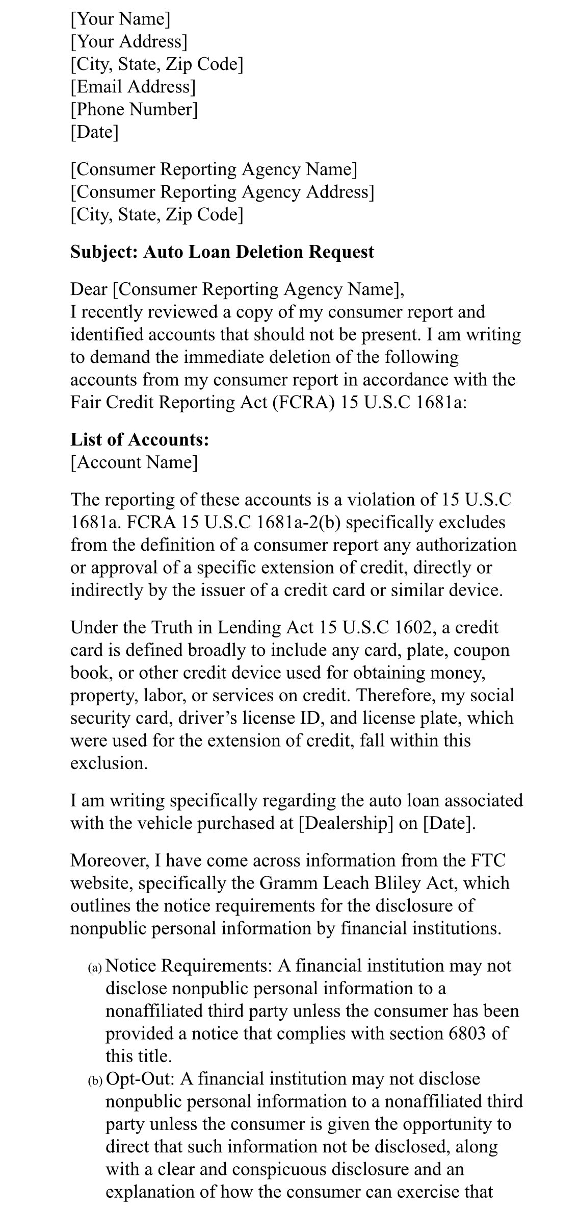 FREE Auto Repo Dispute Letter
