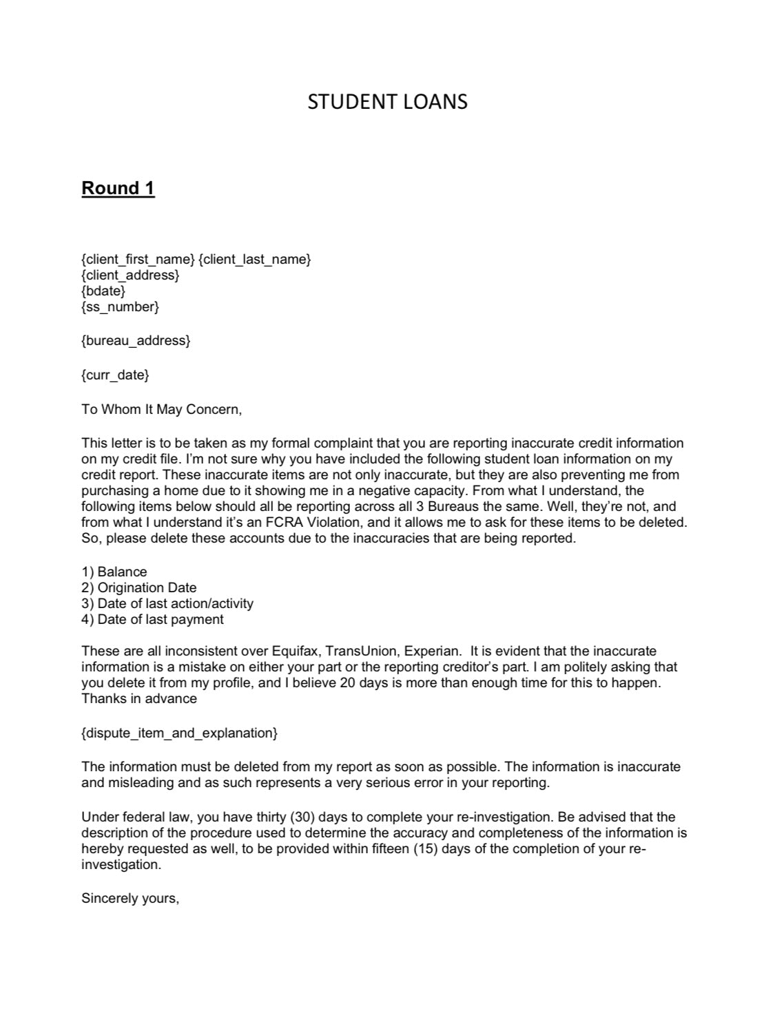 FREE Student Loan Dispute Letter